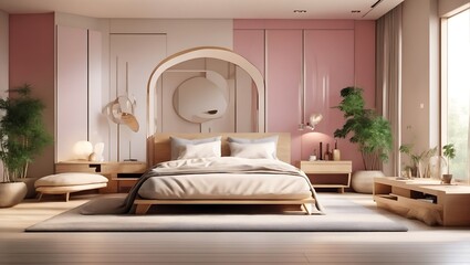 Fototapeta na wymiar Home mockup, cozy Scandinavian bedroom interior, 3d render