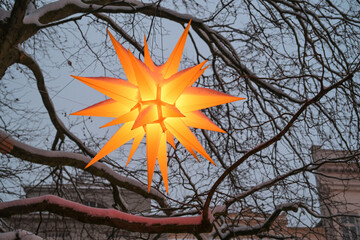 Illuminated yellow orange Moravian star hanging in a snow covered branches of a bare tree as...
