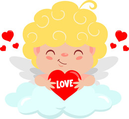 Cute Cupid Angel Cartoon Character With Love Heart In The Cloud. Illustration Isolated On Transparent Background