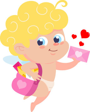 Cute Cupid Angel Cartoon Character Delivering Love Letter. Illustration Isolated On Transparent Background