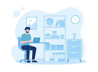 a man in a workspace sitting in a chair with a computer concept flat illustration