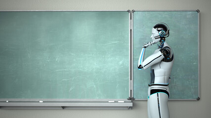 3D illustration. Thinking Humanoid Robot Chalkboard Teacher - obrazy, fototapety, plakaty