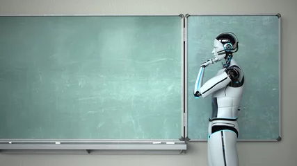 Foto op Canvas 3D illustration. Thinking Humanoid Robot Chalkboard Teacher © Alexander Limbach