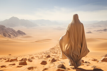 A Muslim pilgrim wearing hajj clothes in the Arabian desert of Arafah, seen from behind, - obrazy, fototapety, plakaty
