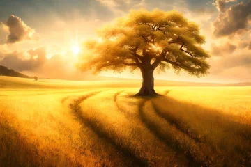 Zelfklevend Fotobehang A picturesque countryside scene featuring a sunlit tree in the middle of a lush © Nazia