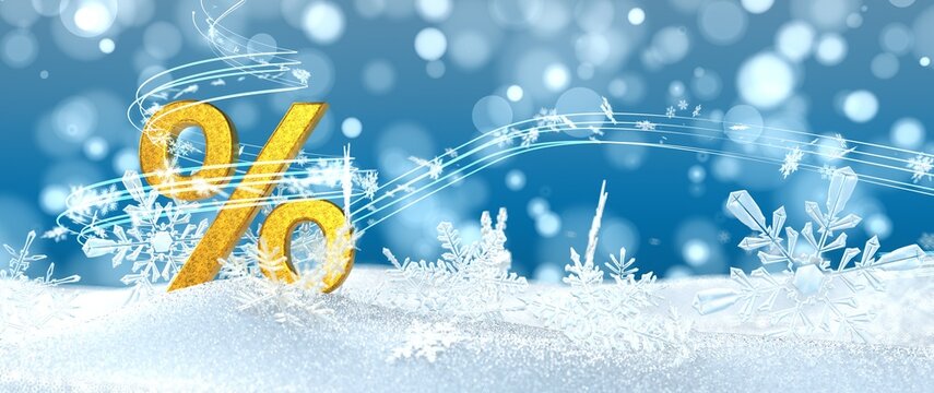 3D illustration. Winterschlussverkauf WSV, Prozentzeichen aus Gold im Schnee mit Schneekristallen