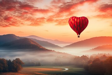 Atmospheric scene of a heart-shaped hot air balloon floating over a misty landscape during sunrise, a dreamy and romantic concept