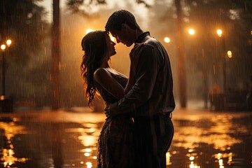 Atmospheric shot of a couple dancing in the rain, symbolizing the romantic and carefree nature of true love © Nino Lavrenkova