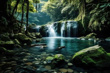 Awe-inspiring panorama of a hidden waterfall in a remote forest, untouched natural beauty