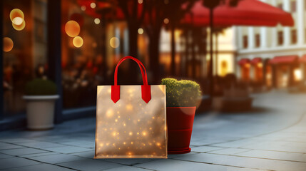 Shopping bag with sparkling lights, festive shopping concept. Shiny reusable present bag on city street, holiday season charm. Glittering shopping bag near potted plant, urban twilight magic