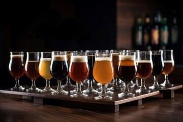 Craft beer tasting glasses. Variety of fresh beer brewing selection. Generate ai
