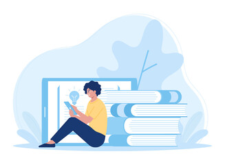 woman reading an article on a tablet concept flat illustration
