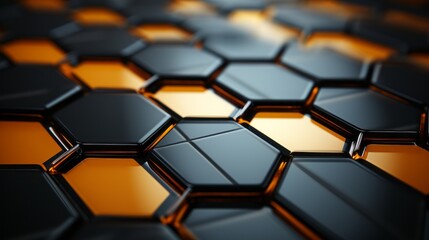 abstract metallic background with hexagons in black and orange color