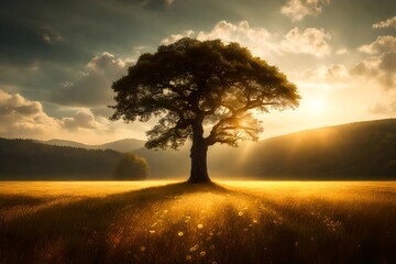A lone tree standing tall in a sun-kissed meadow, casting a graceful shadow. - Powered by Adobe