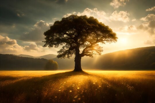 A lone tree standing tall in a sun-kissed meadow, casting a graceful shadow.