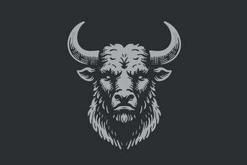 Head of a minotaur, calf, bull. Fierce and beautiful. Engraving vector illustration, logo, icon. Taurus. On a dark background
