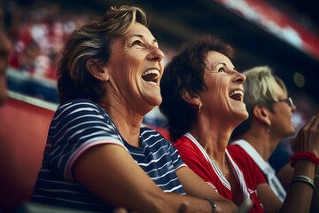 Obraz premium Elderly Women Celebrating in Stadium with USA-Colored Jerseys