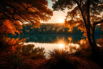Nature's masterpiece - a peaceful lake surrounded by trees and bathed in the warm glow of the setting sun