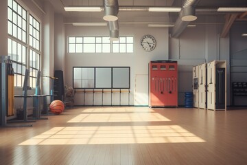 Empty sports gym with windows and sports equipment in anticipation of sports activity