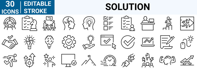 set of 30 line web icons Solution. Options, alternative, success, result, resolve, team. Editable stroke.