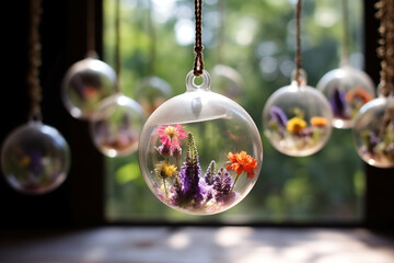 Many small glass bubbles with flowers inside as decor. Group of little transparent spheres with plants inside hanging in the sunlight. AI-generated