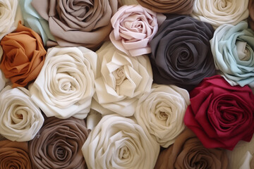 Many handmade fabric roses of various pastel colors. Group of beige, white and red artificial flowers. AI-generated