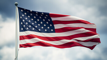 USA flag. Starry striped flag of the United States of America. Flag US on black background. US state symbols. Banner flutters in the wind. 3d image