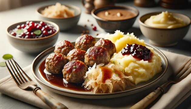 Photographic image of Kjøttkaker, traditional Norwegian meatballs, served with mashed potatoes, brown sauce, sauerkraut, and lingonberry jam, in a Norwegian dining setting
