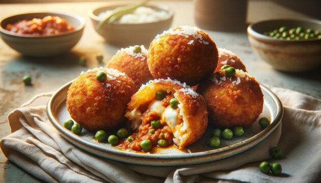 Photographic image of Arancini, Sicilian rice balls, presented on a plate, showcasing their crispy exterior and filling with ragù, mozzarella, and peas

