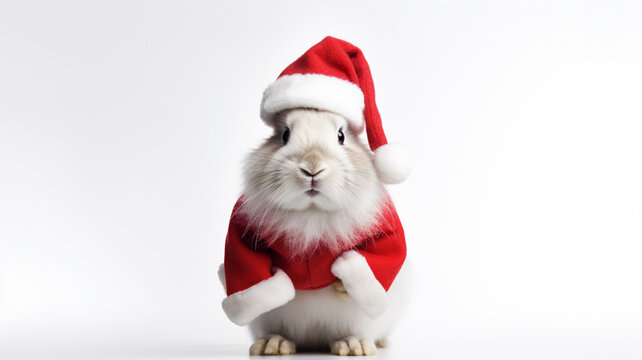 A cute white bunny in a Santa suit, generative AI