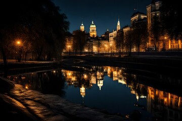 Reflections of city lights on a calm river at night