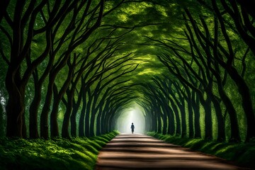A mesmerizing perspective of a tree tunnel's inviting road benches, where one can pause and appreciate the beauty of the lush, green canopy above. - obrazy, fototapety, plakaty