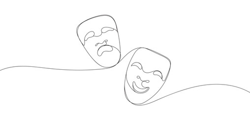 Theater mask tragedy and humor one line continuous line art. Character mask sketch. Smiling face and crying face outline vector illustration isolated on white background