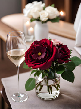 Valentines Day with heart champagne roses.