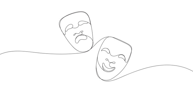 Theater mask tragedy and humor one line continuous line art. Character mask sketch. Smiling face and crying face outline vector illustration isolated on white background