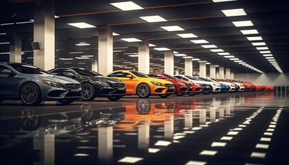 Cars line up. cars at new car showroom. Luxury modern cars for sale. New cars in the showroom - obrazy, fototapety, plakaty