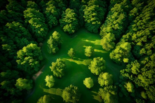 A bird's-eye view of a dense forest with a lush canopy of trees and a carpet of vibrant green grass below.