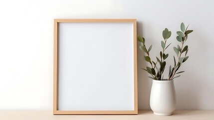 Fototapeta na wymiar Minimalist interior empty frame mock up on white background, eucalyptus and wooden decoration. Generative Ai