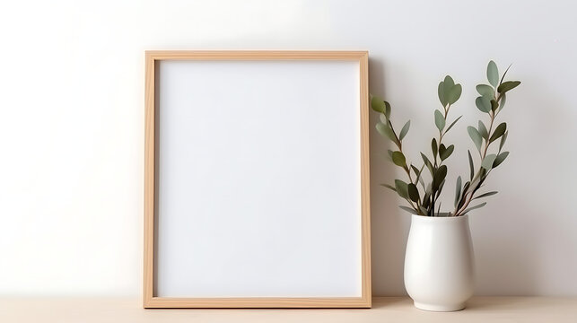 Minimalist interior empty frame mock up on white background, eucalyptus and wooden decoration. Generative Ai