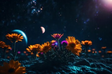 Fototapeta na wymiar A solitary flower blooming in the cosmic void, with distant planets, galaxies, and spacecraft as its companions.