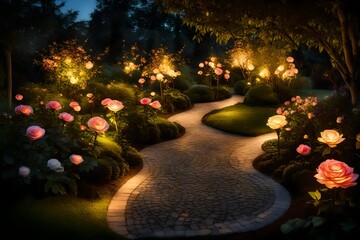 A serene garden with blooming roses and soft garden lights