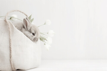 Fototapeta na wymiar white cotton bag white a rabbit Easter bunny and white flowres
