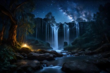 A tranquil waterfall under a canopy of twinkling stars