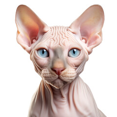 A Sphynx cat is cut out on a transparent background. Pink cat without hair mockup for inserting into a design or project. High quality photo