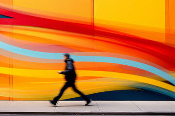 Fototapeta na wymiar A man runs hurriedly in waves of colors. colorful, dynamic, surreal.