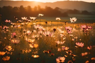An early morning scene in a cosmos flower field, where the dew still clings to the petals and the rising sun 