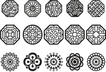 Set of Traditional Korean, Chinese window pattern. Circle ornament, rectangular geometric cutter decor and Asian editable graphic design elements, traditional ornament design illustration. eps 10.