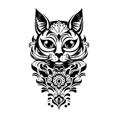 Cute tribal tattoo features a stylized image of a head cat with bold, black lines and intricate patterns.