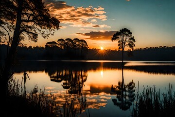 A breathtaking landscape of a calm lake, silhouetted trees, and the golden hues of a sunset