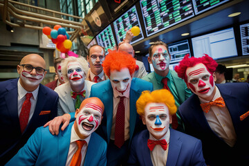 Wall street analysts dressed as clowns at the stock exchange - obrazy, fototapety, plakaty